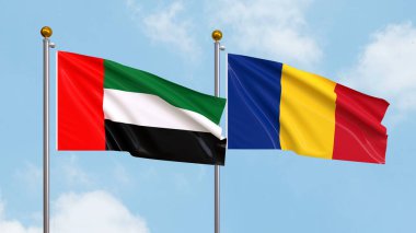 Gökyüzünde Birleşik Arap Emirlikleri ve Romanya bayrakları sallıyordu. Uluslararası Diplomasi, Dostluk ve Gökyüzüne Karşı Yükselen Bayraklarla Ortaklık. 3B illüstrasyon