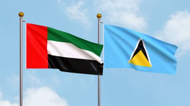 Gökyüzünde Birleşik Arap Emirlikleri ve Aziz Lucia bayrakları sallıyordu. Uluslararası Diplomasi, Dostluk ve Gökyüzüne Karşı Yükselen Bayraklarla Ortaklık. 3B illüstrasyon