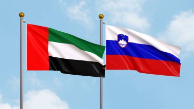 Gökyüzünde Birleşik Arap Emirlikleri ve Slovenya bayrakları sallıyordu. Uluslararası Diplomasi, Dostluk ve Gökyüzüne Karşı Yükselen Bayraklarla Ortaklık. 3B illüstrasyon