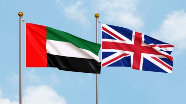 Gökyüzünde Birleşik Arap Emirlikleri ve Birleşik Krallık bayrakları sallıyordu. Uluslararası Diplomasi, Dostluk ve Gökyüzüne Karşı Yükselen Bayraklarla Ortaklık. 3B illüstrasyon