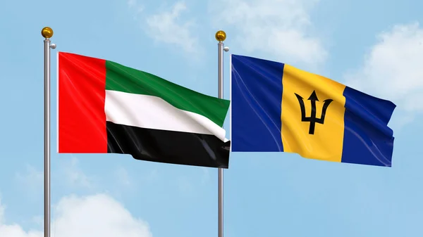 Waving Flags United Arab Emirates Barbados Sky Background Illustrating International — Stock Photo, Image