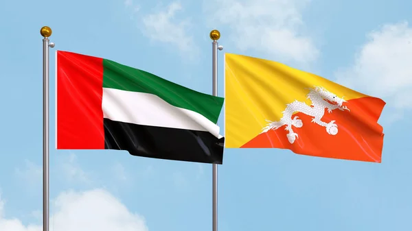 Waving Flags United Arab Emirates Bhutan Sky Background Illustrating International — Stock Photo, Image