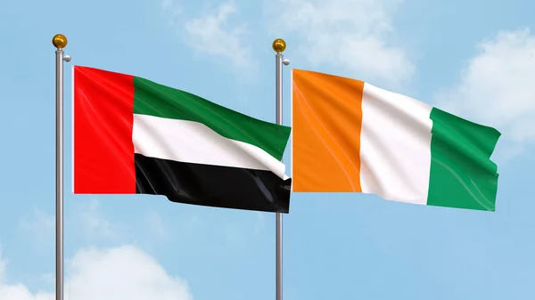 Waving Flags United Arab Emirates Ivory Coast Sky Background Illustrating — Stock Photo, Image