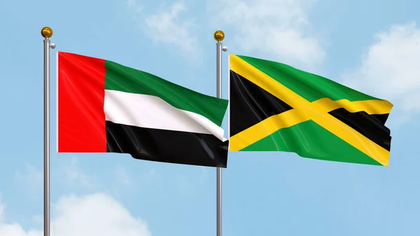 Waving Flags United Arab Emirates Jamaica Sky Background Illustrating International — Stock Photo, Image