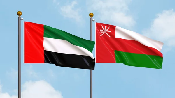 Ondeando Banderas Los Emiratos Árabes Unidos Omán Sobre Fondo Del — Foto de Stock