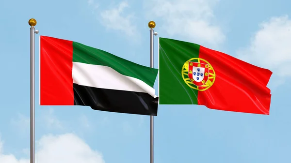 Размахивание Флагами Объединенных Арабских Эмиратов Португалии Фоне Неба Illustrating International — стоковое фото
