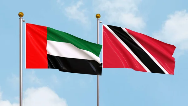 Waving Flags United Arab Emirates Trinidad Tobago Sky Background Illustrating — Stock Photo, Image