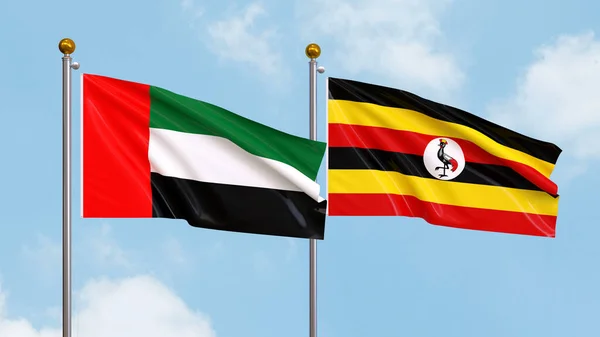 Waving Flags United Arab Emirates Uganda Sky Background Illustrating International — Stock Photo, Image