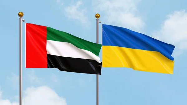 Ondeando Banderas Los Emiratos Árabes Unidos Ucrania Sobre Fondo Del — Foto de Stock