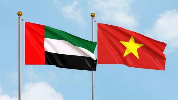 Waving Flags United Arab Emirates Vietnam Sky Background Illustrating International — Stock Photo, Image