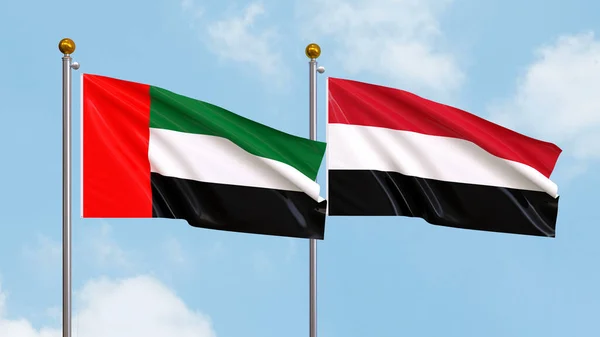 Waving Flags United Arab Emirates Yemen Sky Background Illustrating International — Stock Photo, Image