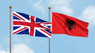 Arka planda Birleşik Krallık ve Arnavutluk 'un bayraklarını sallıyor. Uluslararası Diplomasi, Dostluk ve Gökyüzüne Karşı Yükselen Bayraklarla Ortaklık. 3B illüstrasyon