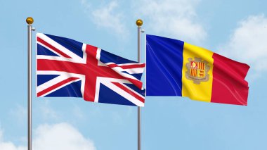 Arka planda Birleşik Krallık ve Andorra bayrakları sallıyordu. Uluslararası Diplomasi, Dostluk ve Gökyüzüne Karşı Yükselen Bayraklarla Ortaklık. 3B illüstrasyon