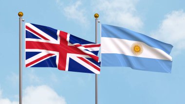 Arka planda Birleşik Krallık ve Arjantin bayrakları sallıyordu. Uluslararası Diplomasi, Dostluk ve Gökyüzüne Karşı Yükselen Bayraklarla Ortaklık. 3B illüstrasyon