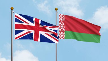 Gökyüzü arka planında Birleşik Krallık ve Belarus bayrakları sallıyordu. Uluslararası Diplomasi, Dostluk ve Gökyüzüne Karşı Yükselen Bayraklarla Ortaklık. 3B illüstrasyon