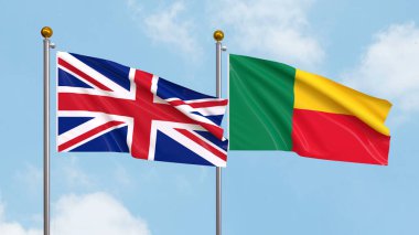 Arka planda Birleşik Krallık ve Benin bayrakları sallıyordu. Uluslararası Diplomasi, Dostluk ve Gökyüzüne Karşı Yükselen Bayraklarla Ortaklık. 3B illüstrasyon