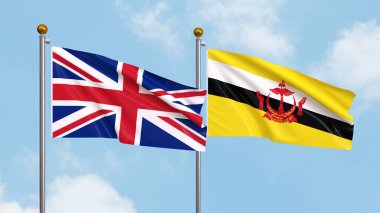 Arka planda Birleşik Krallık ve Brunei bayrakları sallıyordu. Uluslararası Diplomasi, Dostluk ve Gökyüzüne Karşı Yükselen Bayraklarla Ortaklık. 3B illüstrasyon
