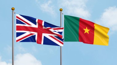 Gökyüzü arka planında Birleşik Krallık ve Kamerun bayrakları sallıyor. Uluslararası Diplomasi, Dostluk ve Gökyüzüne Karşı Yükselen Bayraklarla Ortaklık. 3B illüstrasyon