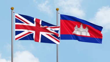 Arka planda Birleşik Krallık ve Kamboçya bayrakları sallıyordu. Uluslararası Diplomasi, Dostluk ve Gökyüzüne Karşı Yükselen Bayraklarla Ortaklık. 3B illüstrasyon