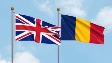 Arka planda Birleşik Krallık ve Çad bayrakları sallıyordu. Uluslararası Diplomasi, Dostluk ve Gökyüzüne Karşı Yükselen Bayraklarla Ortaklık. 3B illüstrasyon