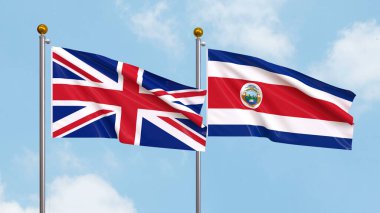 Arka planda Birleşik Krallık ve Kosta Rika bayrakları sallıyordu. Uluslararası Diplomasi, Dostluk ve Gökyüzüne Karşı Yükselen Bayraklarla Ortaklık. 3B illüstrasyon