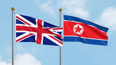 Arka planda Birleşik Krallık ve Kuzey Kore bayrakları sallıyordu. Uluslararası Diplomasi, Dostluk ve Gökyüzüne Karşı Yükselen Bayraklarla Ortaklık. 3B illüstrasyon