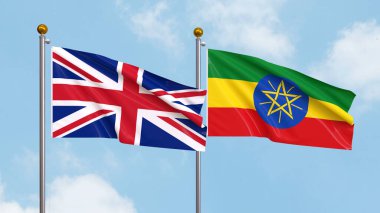 Arka planda Birleşik Krallık ve Etiyopya bayrakları sallıyordu. Uluslararası Diplomasi, Dostluk ve Gökyüzüne Karşı Yükselen Bayraklarla Ortaklık. 3B illüstrasyon