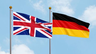 Arka planda Birleşik Krallık ve Almanya 'nın bayraklarını sallıyordu. Uluslararası Diplomasi, Dostluk ve Gökyüzüne Karşı Yükselen Bayraklarla Ortaklık. 3B illüstrasyon