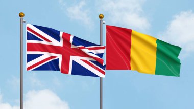 Gökyüzü arka planında Birleşik Krallık ve Gine bayrakları sallıyor. Uluslararası Diplomasi, Dostluk ve Gökyüzüne Karşı Yükselen Bayraklarla Ortaklık. 3B illüstrasyon