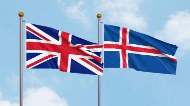 Arka planda Birleşik Krallık ve İzlanda bayrakları sallıyordu. Uluslararası Diplomasi, Dostluk ve Gökyüzüne Karşı Yükselen Bayraklarla Ortaklık. 3B illüstrasyon
