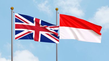 Arkaplanda Birleşik Krallık ve Endonezya bayrakları sallıyordu. Uluslararası Diplomasi, Dostluk ve Gökyüzüne Karşı Yükselen Bayraklarla Ortaklık. 3B illüstrasyon