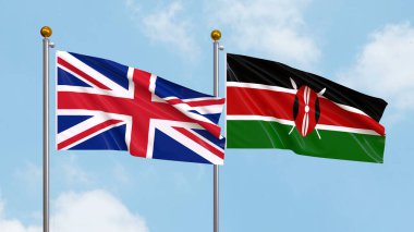 Arka planda Birleşik Krallık ve Kenya bayrakları sallıyor. Uluslararası Diplomasi, Dostluk ve Gökyüzüne Karşı Yükselen Bayraklarla Ortaklık. 3B illüstrasyon