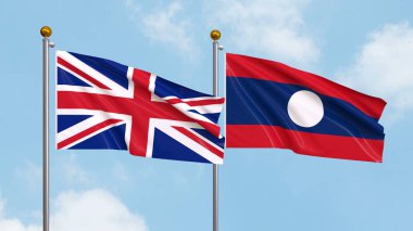 Arka planda Birleşik Krallık ve Laos bayrakları sallıyordu. Uluslararası Diplomasi, Dostluk ve Gökyüzüne Karşı Yükselen Bayraklarla Ortaklık. 3B illüstrasyon