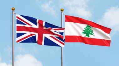 Arkaplanda Birleşik Krallık ve Lübnan bayrakları sallıyordu. Uluslararası Diplomasi, Dostluk ve Gökyüzüne Karşı Yükselen Bayraklarla Ortaklık. 3B illüstrasyon