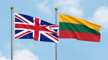 Gökyüzü arka planında Birleşik Krallık ve Litvanya bayrakları sallıyordu. Uluslararası Diplomasi, Dostluk ve Gökyüzüne Karşı Yükselen Bayraklarla Ortaklık. 3B illüstrasyon