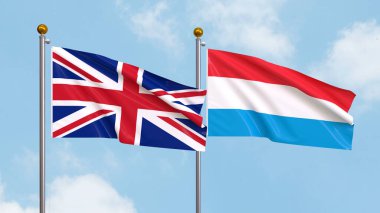 Arka planda Birleşik Krallık ve Lüksemburg bayrakları sallıyordu. Uluslararası Diplomasi, Dostluk ve Gökyüzüne Karşı Yükselen Bayraklarla Ortaklık. 3B illüstrasyon