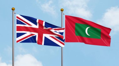 Arka planda Birleşik Krallık ve Maldivler bayrakları sallıyor. Uluslararası Diplomasi, Dostluk ve Gökyüzüne Karşı Yükselen Bayraklarla Ortaklık. 3B illüstrasyon