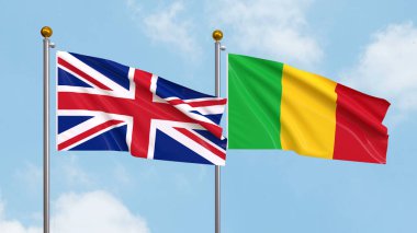 Arka planda Birleşik Krallık ve Mali bayrakları sallıyordu. Uluslararası Diplomasi, Dostluk ve Gökyüzüne Karşı Yükselen Bayraklarla Ortaklık. 3B illüstrasyon