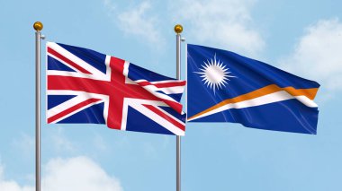 Gökyüzünde Birleşik Krallık ve Marshall Adaları 'nın bayraklarını sallıyordu. Uluslararası Diplomasi, Dostluk ve Gökyüzüne Karşı Yükselen Bayraklarla Ortaklık. 3B illüstrasyon