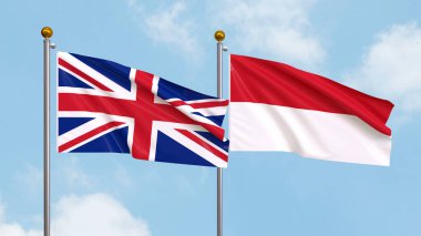 Arka planda Birleşik Krallık ve Monako bayrakları sallıyordu. Uluslararası Diplomasi, Dostluk ve Gökyüzüne Karşı Yükselen Bayraklarla Ortaklık. 3B illüstrasyon