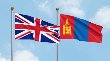 Arka planda Birleşik Krallık ve Moğolistan bayrakları sallıyordu. Uluslararası Diplomasi, Dostluk ve Gökyüzüne Karşı Yükselen Bayraklarla Ortaklık. 3B illüstrasyon