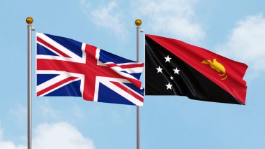 Gökyüzünde Birleşik Krallık ve Papua Yeni Gine bayrakları sallıyordu. Uluslararası Diplomasi, Dostluk ve Gökyüzüne Karşı Yükselen Bayraklarla Ortaklık. 3B illüstrasyon