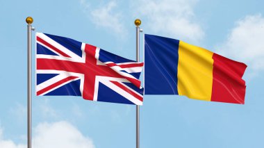 Arka planda İngiltere ve Romanya 'nın bayraklarını sallıyor. Uluslararası Diplomasi, Dostluk ve Gökyüzüne Karşı Yükselen Bayraklarla Ortaklık. 3B illüstrasyon