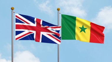 Gökyüzünde Birleşik Krallık ve Senegal bayrakları sallıyor. Uluslararası Diplomasi, Dostluk ve Gökyüzüne Karşı Yükselen Bayraklarla Ortaklık. 3B illüstrasyon