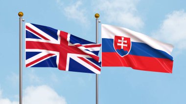Arka planda Birleşik Krallık ve Slovakya bayrakları sallıyordu. Uluslararası Diplomasi, Dostluk ve Gökyüzüne Karşı Yükselen Bayraklarla Ortaklık. 3B illüstrasyon