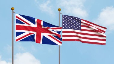 Arka planda Birleşik Krallık ve Amerika Birleşik Devletleri bayrakları sallıyordu. Uluslararası Diplomasi, Dostluk ve Gökyüzüne Karşı Yükselen Bayraklarla Ortaklık. 3B illüstrasyon