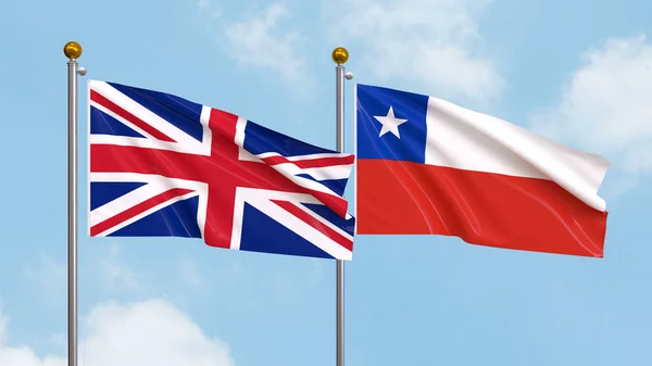 stock image Waving flags of United Kingdom and Chile on sky background. Illustrating International Diplomacy, Friendship and Partnership with Soaring Flags against the Sky. 3D illustration