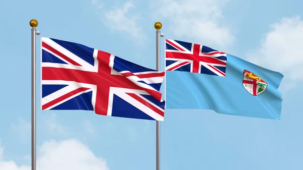 Размахивание Флагами Великобритании Фиджи Фоне Неба Illustrating International Diplomacy Friendship — стоковое фото