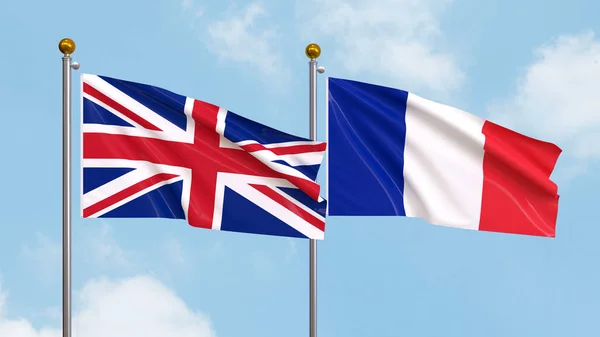空を背景にイギリスとフランスの旗を振る 空に対する国旗の高騰との国際外交 パートナーシップを描く 3Dイラスト — ストック写真