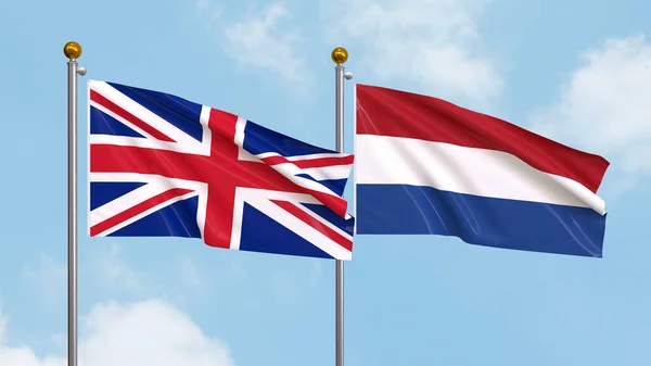 Размахивание Флагами Великобритании Нидерландов Фоне Неба Illustrating International Diplomacy Friendship — стоковое фото